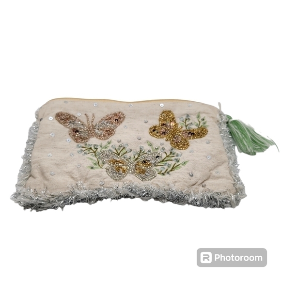 Fringe Beaded Sequins Tassle Cream Makeup Bag or Clutch Metallic Cotton Linen - Picture 1 of 9